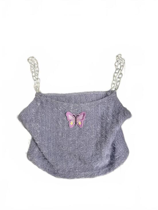 Tops - Purple Knit Crop Top with Chain Straps and Butterfly Patch